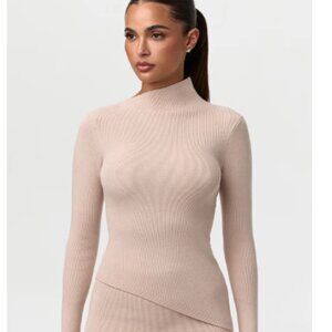 RIBBED ASYMMETRICAL NAKED WARDROBE LONG SLEEVE TOP--SIZE L TAUPE COLOR AS PICT'D